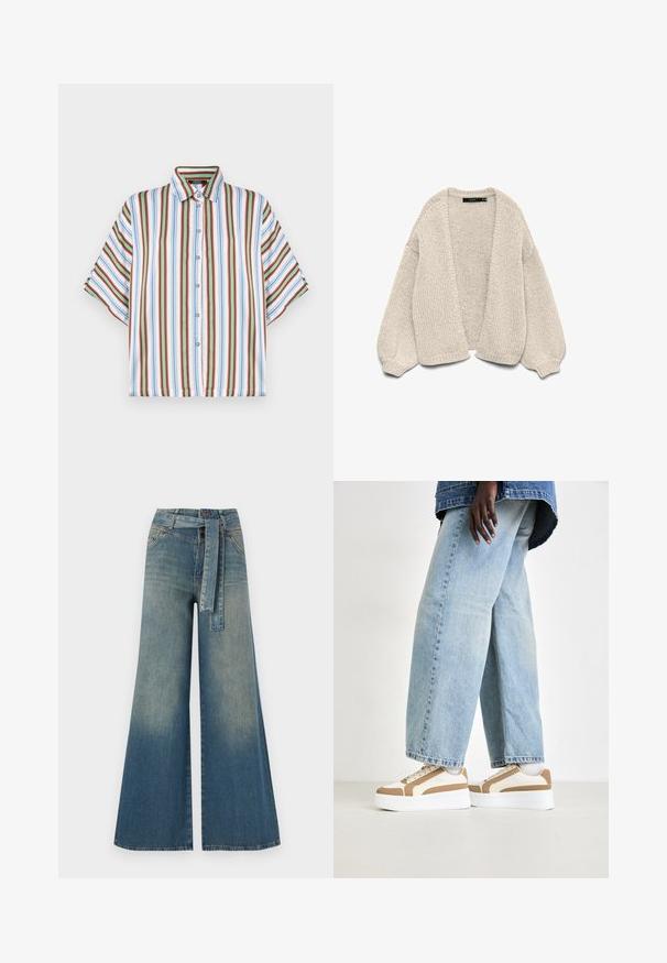 Storos mezgimo, atviras smėlio spalvos kardiganas su pūkuotomis rankovėmis ir raukšlėmis, pateiktas ant baltos fono.; Trumpas rankovės mygtukų marškiniai su vertikaliomis raudonomis, mėlynomis, žaliomis ir baltomis juostomis. Pagaminti iš lengvos medžiagos su klasikine apykakle.; Platus džinsinis kelnes su šviesiai tamsiai mėlynu gradientu, aukštu juosmeniu, diržo kilpomis ir atitinkančiu audinio diržu. Textūruotas džinsinis paviršius.; Platformos sportbačiai su balta pakulne, smėlio spalvos akcentais ir įvairių audinių tekstūromis, derinami su plačiomis šviesiai mėlynomis džinsinėmis kelnių.