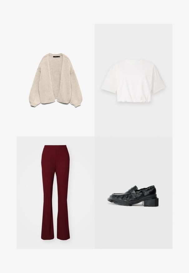 Oblačen bež kardigan z debelim pletenjem in odprtim sprednjim delom, z balonastimi rokavi in rebrastimi zapestji, prikazan na beli podlagi.; Bela skrajšana majica s kratkimi puhti, okroglo izrezom in nabrano spodnjim robom, izdelana iz mehke bombažne tkanine.; Bordo ribane hlače s širokimi naramnicami in elastičnim pasom. Imajo gladko teksturo in prilegajoč silhueto, ki se razširi do flared roba.; Črne usnjene loferice s strukturirano podplatom, ki imajo nekoliko dvignjen blok peto in teksturirano zgornji del, zavarovane s sprednjim pasom.