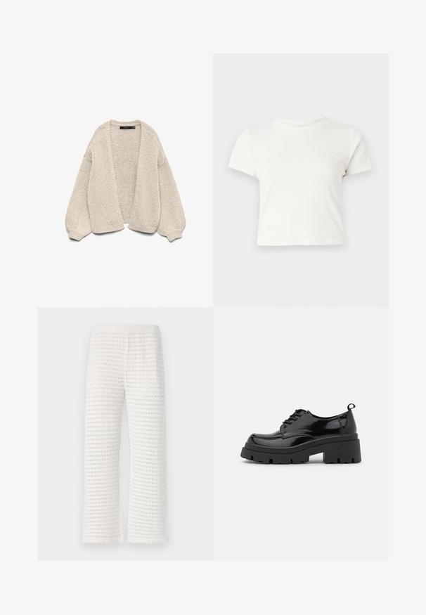 Cardigan beige de punto grueso, con abertura frontal, mangas abullonadas y puños acanalados, exhibido sobre un fondo blanco.; Camiseta corta blanca de algodón con mangas cortas, cuello redondo y dobladillo recto, con una textura suave y un diseño minimalista.; Pantalones blancos con textura y patrón de gofre, con una cinturilla elástica y un diseño de pierna ancha con bordes festoneados en el dobladillo.; Zapatos de charol negros con una suela de plataforma gruesa y cordones gruesos. Punta redondeada, detalles mínimos y una pequeña lengüeta en la parte trasera.