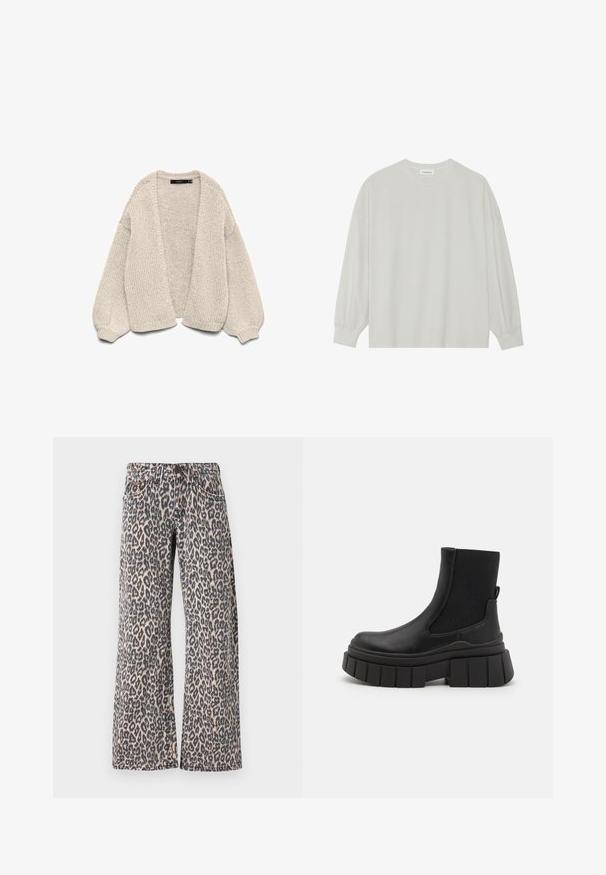 Koorus kudum, avatud ees oleva beež kardigan balloonse varrukaga ja soonikkoes mansettidega, esitatud valgel taustal.; Hele halli pikkade varrukatega T-särk, mis on valmistatud pehmest puuvillast. Omab vaba lõiget, ümmargust kaelust ja õrnalt kogutud varrukaotsi. Muster ja graafika puuduvad.; Leopardimustriga denimsinised püksid laia säärega, nööbi kinnitusega ja vöökohaga. Kangas on sileda tekstuuriga.; Mustad mustad mustad nahast põlvetossud, millel on elastsed külgplaadid, jäme platvormitald ja tekstuuriga talladisain.