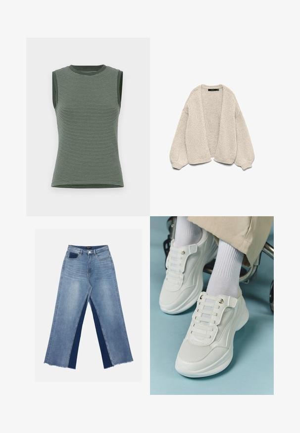Cardigan bej chunky, cu deschidere în față, cu mâneci tip balon și manșete cu nervuri, expus pe un fundal alb.; Top fără mâneci într-o nuanță verde deschis, cu dungi orizontale, textură tip rigletă și decolteu tip crew cu borduri contrastante la armhole.; Jeans de culoare albastru deschis, cu picioare largi, care prezintă panouri contrastante de culoare albastru închis, margini tocite și o talie standard cu închidere printr-un buton metalic.; Adidași albi cu un material din plasă, talpă din cauciuc, design fără șireturi cu benzi elastice și accente aurii.