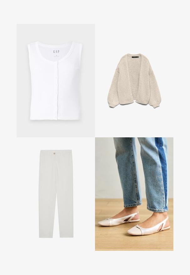 Kraftig strikket, åpen-front beige cardigan med ballongsleeves og ribbestrikkede mansjetter, vist på en hvit bakgrunn.; Hvit rillede tank topp med rund hals, med front knappelukking. Stoffet er mykt med en glatt tekstur. Merke: GAP. Størrelse: S.; Hvite, skreddersydde bukser med rette ben, med knapplukking, beltehemper og sidelommer; glatt tekstur.; Lys rosa slingback leiligheter med spiss tå, laget av et glatt, læraktig materiale. Har utskjæringer på sidene og lav hæl.