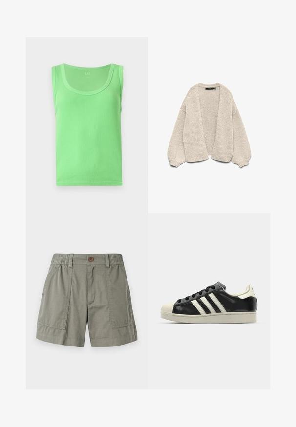 Béžový kardigán s hrubým pletením a otvoreným predným dielom, s balónovými rukávmi a rebrovanými manžetami, vystavený na bielom pozadí.; Žltozelený rebrovaný top bez rukávov s okrúhlym výstrihom, vyrobený z mäkkého, elastického materiálu. Obsahuje jemnú textúru po celom povrchu.; Svetlo olivové šortky vyrobené z bavlnenej zmesi, so širším elastickým pásom, prednými vreckami a jedným gombíkom na zapínanie.; Čierne kožené tenisky s bielymi pruhmi, gumenou špičkou, čiernymi šnúrkami a krémovobielou podrážkou. Hladký povrch s lesklým finišom.