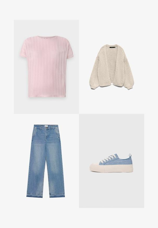 Koorus kudum, avatud ees oleva beež kardigan balloonse varrukaga ja soonikkoes mansettidega, esitatud valgel taustal.; Heled roosa lühikeste varrukatega särk, millel on tekstuuriga ribakujundus, ümar kaelus ja lõdva lõikega. Pehme kangas, millel on õrn sära.; Heledu sinine kõrge vöökoht ja laia säärega teksapüksid nupuga kinnitamisel, ees taskud, vöörihmade aasad ja õrnalt kulunud detailid.; Heledad sinised kangast tennisekingad koorevärvi kummist varbakatte ja taldaga, millel on valged paelad ja tõmblukk kandadel.