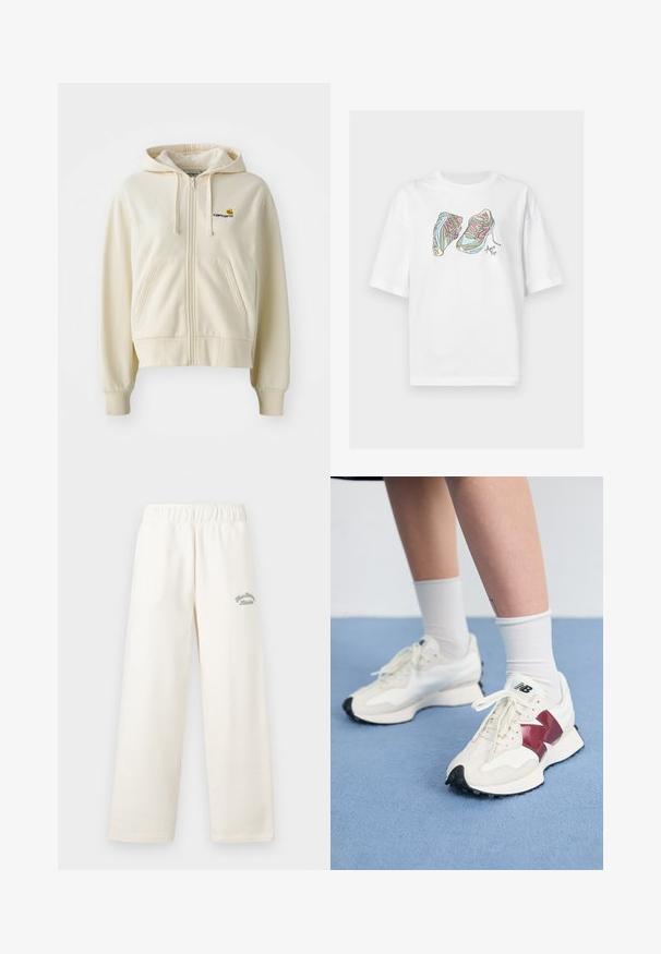 Carhartt WIP AMERICAN JACKET - Sudadera con cremallera - natural; Camisa blanca con un gráfico colorido de dos zapatillas con acentos en rosa y verde, dibujadas en un estilo de línea.; Pantalones anchos de color crema, hechos de material suave y con una cinturilla elástica. Presentan un sutil texto bordado en verde en la parte frontal.; Un par de zapatillas blancas con acentos en color burdeos, paneles texturizados, suela negra plana y cordones claros, llevadas con calcetines blancos hasta el tobillo.