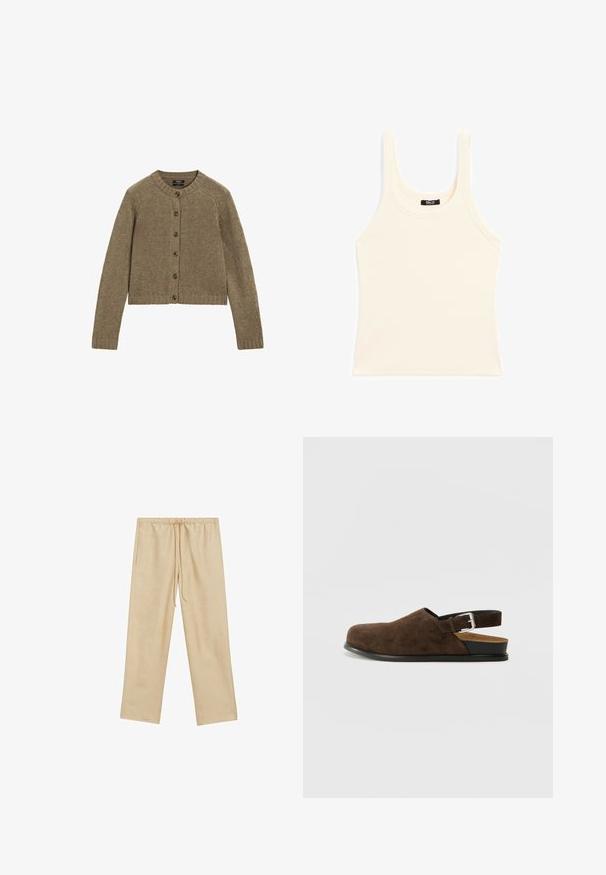Cardigan marron à côtes avec des manches longues, un col rond et sept boutons sur le devant. Dispose d'une coupe courte et d'un motif de tricot texturé.; Débardeur beige clair en tissu côtelé, avec un col rond et des bretelles larges, d'une coupe ajustée et avec un minimalisme dans le design.; Pantalons beige clair, amples, avec une taille élastique et un cordon de serrage. Présente deux poches latérales et une texture lisse.; Chaussure en suédine marron à enfiler avec un petit talon, une sangle ajustable avec une boucle en argent et une semelle en caoutchouc noire.