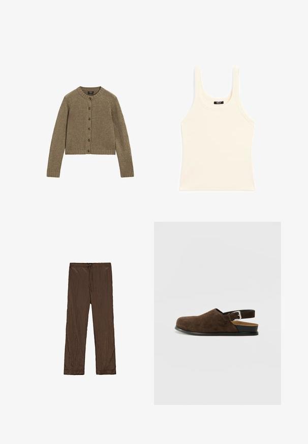 Bruine geribbelde cardigan met lange mouwen, ronde hals en zeven knopen aan de voorkant. Heeft een cropped model en een textuurbrei patroon.; Lichtbeige tanktop gemaakt van ribgebreide stof, met een ronde halslijn en dikke bandjes, in een aansluitende pasvorm en met minimale details.; Massimo Dutti PINSTRIPE - Broek - mottled dark brown; Bruin suède instapper met een lage hak, een verstelbare band met een zilveren gesp en een zwarte rubberen zool.