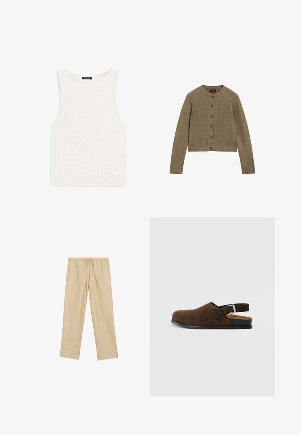 Cardigan marrone a coste con maniche lunghe, scollo rotondo e sette bottoni frontali. Presenta un taglio corto e un motivo a maglia testurizzata.; Top bianco senza maniche realizzato in tessuto testurizzato con un motivo delicato. Presenta un colletto rotondo e un orlo dritto.; Pantaloni beige chiaro, dalla vestibilità ampia, con un elastico in vita e cordoncino. Presentano due tasche laterali e una texture liscia.; Scarpa slip-on in suede marrone con tacco basso, cinturino regolabile con fibbia argentata e suola in gomma nera.