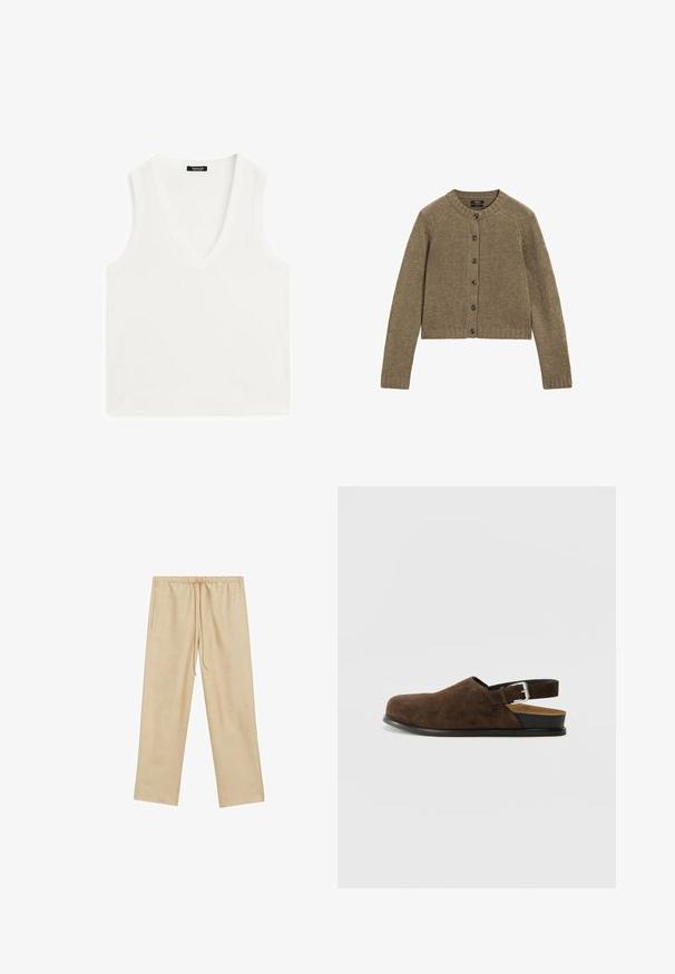 Bruine geribbelde cardigan met lange mouwen, ronde hals en zeven knopen aan de voorkant. Heeft een cropped model en een textuurbrei patroon.; Witte mouwloze top met een diepe V-hals, gemaakt van een zachte, gladde stof. Rechte zoom en minimale details overal.; Lichtbeige, loszittende broeken met een elastische tailleband en trekkoord. Bevat twee zijzakken en heeft een gladde textuur.; Bruin suède instapper met een lage hak, een verstelbare band met een zilveren gesp en een zwarte rubberen zool.