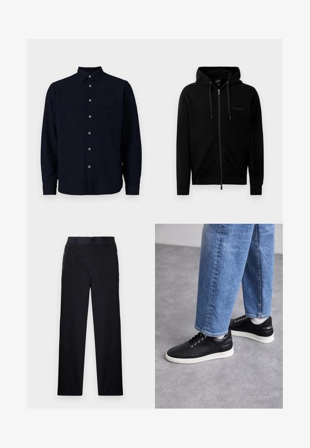 Zwarte zip-up hoodie gemaakt van een katoenmix. Heeft een capuchon, trekkoorden en een klein logo op de linkerborst. Soepele textuur, ribbelboorden.; Marineblauw overhemd met lange mouwen, gemaakt van zachte stof. Heeft een knoopsluiting aan de voorkant, een puntige kraag en een borstzak. Grijze knopen zorgen voor contrast.; Zwarte broek van een lichtgewicht, gestructureerde stof, met een recht model, elastische Tailleband en zijzakken met rits.; Zwarte leren sneakers met witte rubberen zolen, voorzien van ronde veters, een glad oppervlak en subtiele branding op de hak. Draagt met blauwe jeans.