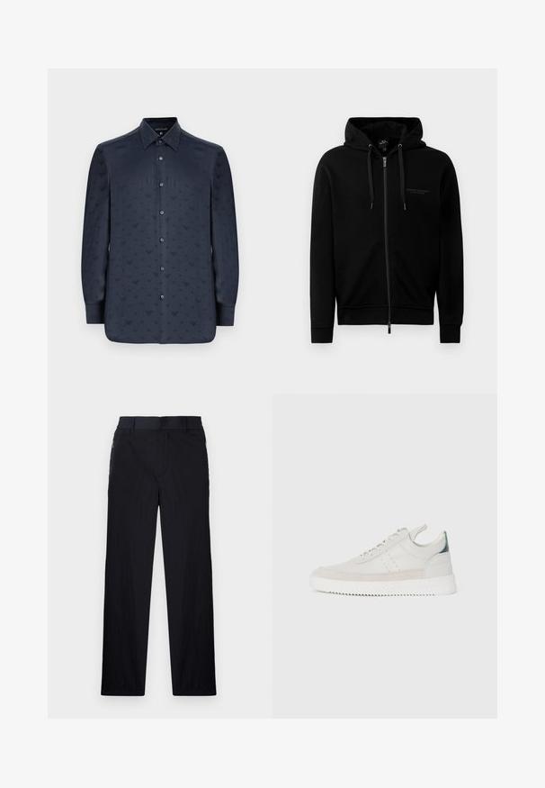 Svart zip-up hoodie i bomullsblandning. Har en huva, dragsko och en liten logotyp på vänster bröst. Slät textur, ribbade ärmslut.; Mörkblå skjorta med långa ärmar och knappar, med ett strukturerat mönster av små V-former över hela, tillverkad av slätt tyg.; Svarta byxor med lätt, texturerad tyg, rak benmodell, elastisk midja och sidofickor med dragkedja.; Vita lädersneakers med grå mockadetaljer, snördesign, dragflik och texturerad gummisula med ett zigzag-mönster.