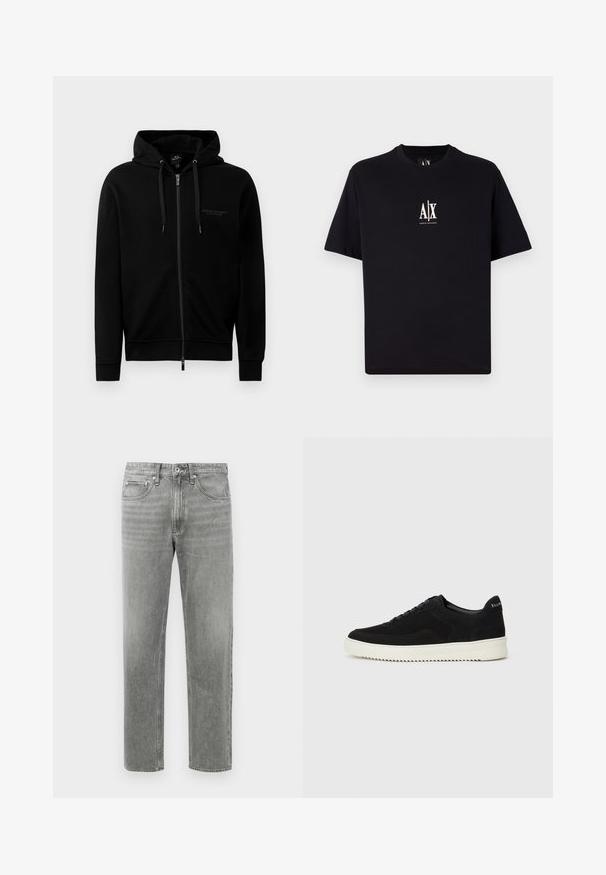 Cazaco preto com fecho éclair feito de uma mistura de algodão. Apresenta um capuz, cordões de aperto e um pequeno logótipo no lado esquerdo do peito. Textura suave, punhos canelados.; T-shirt preto de manga curta feito de algodão. Apresenta um pequeno logótipo branco "A|X" no peito. Forma simples e retangular com um decote redondo padrão.; Jeans de ganga cinza com corte reto, apresentando um design clássico de cinco bolsos e um desbotamento subtil para textura. Fecho com braguilha padrão.; Sapatilhas de camurça pretas com design de atacadores e sola de borracha branca em contraste. Apresenta painéis laterais texturizados e uma marcação discreta no calcanhar.