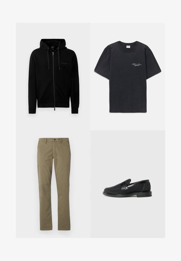 Černá zipová mikina vyrobená z bavlněné směsi. Obsahuje kapuci, šňůrky a malé logo na levé hrudi. Hladký povrch, žebrované manžety.; Černé tričko s krátkým rukávem a kulatým výstřihem s malým bílým logem "Filling Pieces" na levé hrudi.; Khaki kalhoty vyrobené z bavlny, se střihem rovného nohavice, dvěma předními kapsami a zapínáním na knoflík a zip.; Černé pletené nazouvací boty s hladkým koženým akcentem na svršku, kulatou špičkou a nízkoprofilovou gumovou podrážkou.