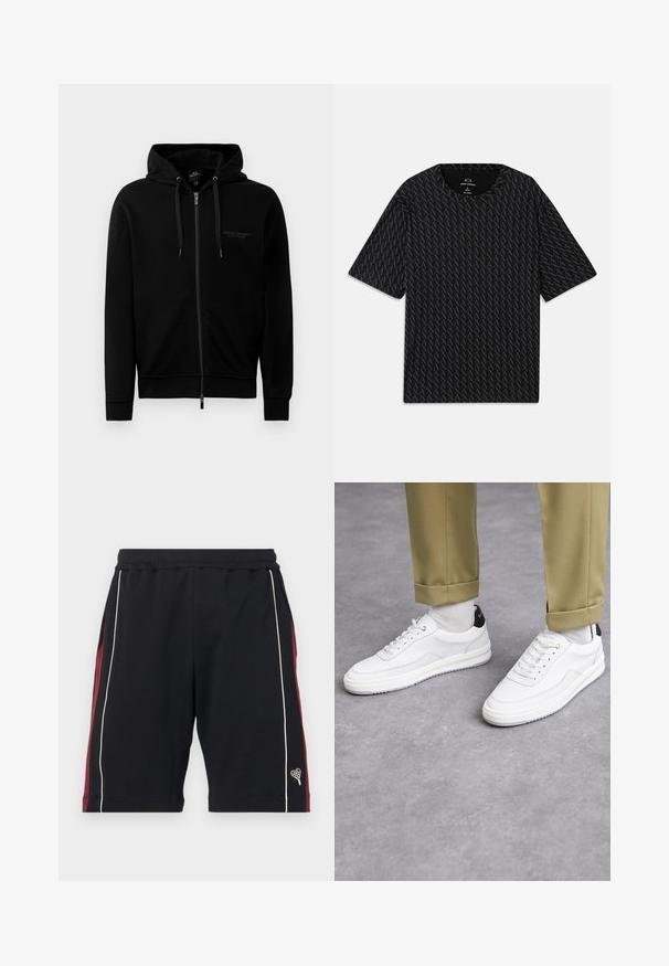 Černá zipová mikina vyrobená z bavlněné směsi. Obsahuje kapuci, šňůrky a malé logo na levé hrudi. Hladký povrch, žebrované manžety.; Černé tričko s texturovaným vzorem střídajících se logo 'A', krátké rukávy a kulatý výstřih. Vyrobeno z lehkého materiálu.; Černé šortky z měkké tkaniny, se vínovými bočními panely, bílým lemováním a malým srdíčkovým logem na lemu. Elastický pas pro pohodlí.; Bílé tenisky s texturovaným koženým povrchem, zaoblenou špičkou a černým akcentem na patě. Gumová podrážka s malým vzorem a šitými detaily.