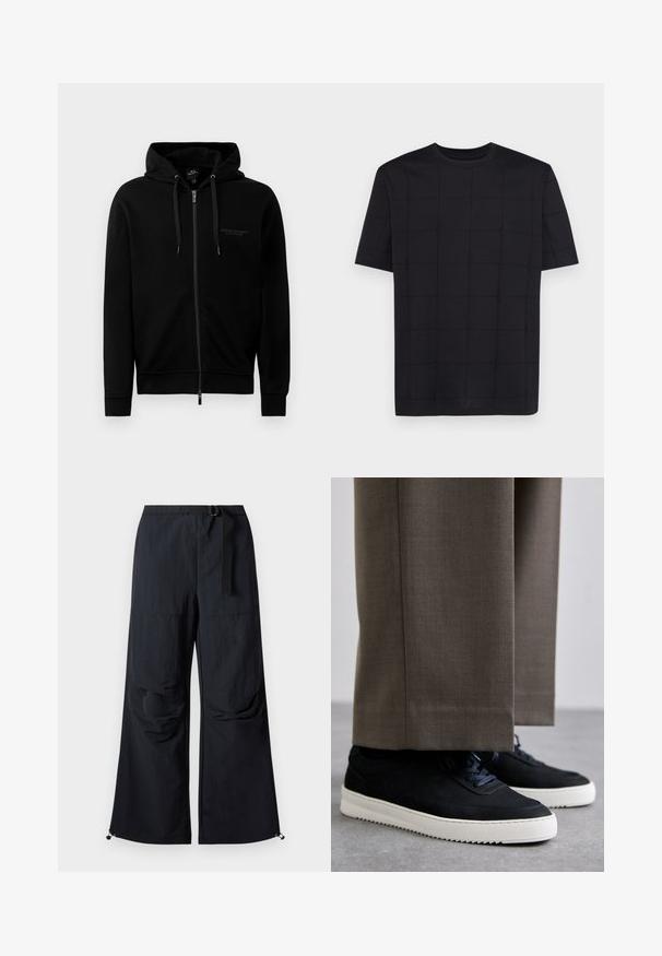 Hanorac negru cu fermoar, fabricat dintr-un amestec de bumbac. Dispune de o glugă, șnururi de ajustare și un logo mic pe pieptul stâng. Textură netedă, manșete ribbate.; Armani Exchange Tricou cu imprimeu - black; Pantaloni negri cu croi larg, confecționați dintr-un material ușor, având un cordon la talie, buzunare frontale și tivuri ajustabile cu toggle.; Tenisi din suede negru cu talpă din cauciuc alb, având vârf rotunjit și șireturi, purtați cu pantaloni gri ajustați.
