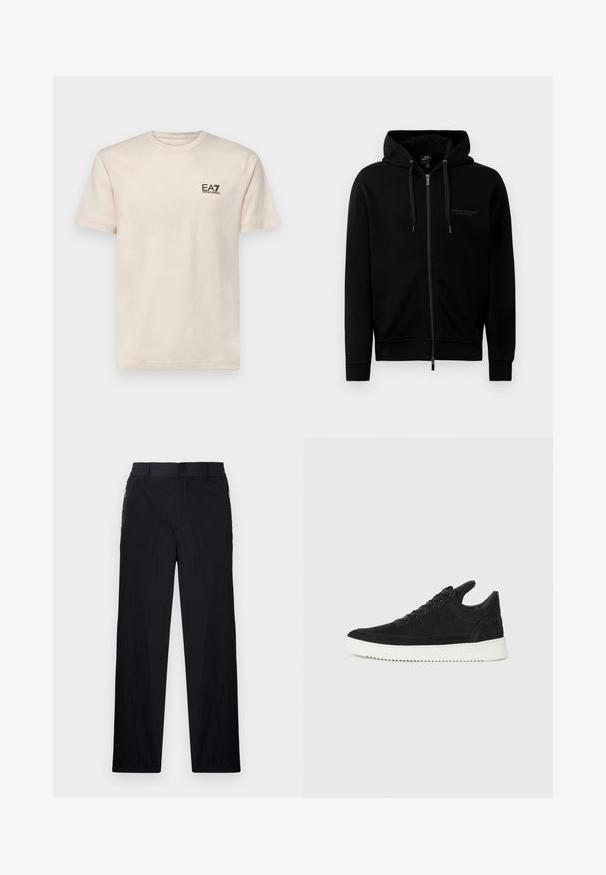 Juoda zip-up džemperis, pagamintas iš medvilnės mišinio. Savinami gobtuvas, raišteliai ir mažas logotipas ant kairiojo krūtinės. Lygus paviršius, susiglaudę rankogaliai.; EA7 Emporio Armani TRAIN CORE TEE - Paprasti marškinėliai - whitecap gray; Juodos kelnės, pagamintos iš lengvos tekstūruotos medžiagos, tiesaus silueto, su elastingu juosmeniu ir šoniniais užtrauktukų kišenėmis.; Juodų suede sportbačių su balta gumine padu, su toniniais siuvinėjimais ir raištelių užsegimu. Sklandus paviršius su šiuolaikine, laiko forma.