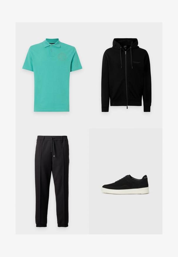 Svart hettegenser med glidelås laget av bomullsblanding. Den har hette, snor og en liten logo på venstre bryst. Glatt tekstur, ribbete mansjetter.; Lys teal polotrøye laget av bomull, med klassisk krage, korte ermer og en subtil logo på venstre brystområde.; Sorte bukser med liv, snor og elastiske mansjetter. Har plisséer og et glatt, teksturert stoff.; Svart semsket sneakers med snøring og kontrasterende hvit gummisåle. Har teksturerte sidepaneler og subtil merkevare på hælen.