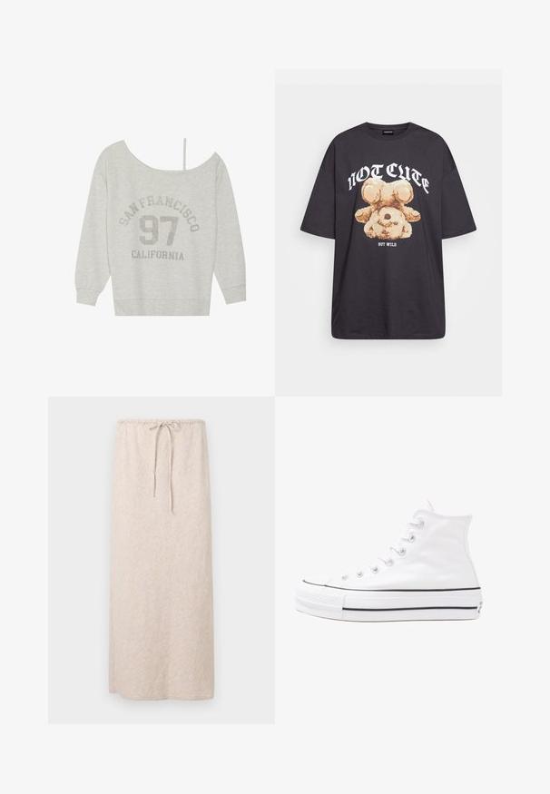 Even&Odd Felpa - mottled light grey; T-shirt nera oversize con una grafica di un orso e la scritta "NON CARINA MA SELVAGGIA" in grassetto, lettere bianche. Materiale in cotone.; Gonna maxi color beige chiaro realizzata in tessuto testurizzato e patternizzato. Caratterizzata da una vita elasticizzata con lacci per una vestibilità regolabile.; Sneaker alta in tela bianca con suola in gomma nera, punta in gomma frontale e sei asole per i lacci, caratterizzata da un design pulito e minimalista.