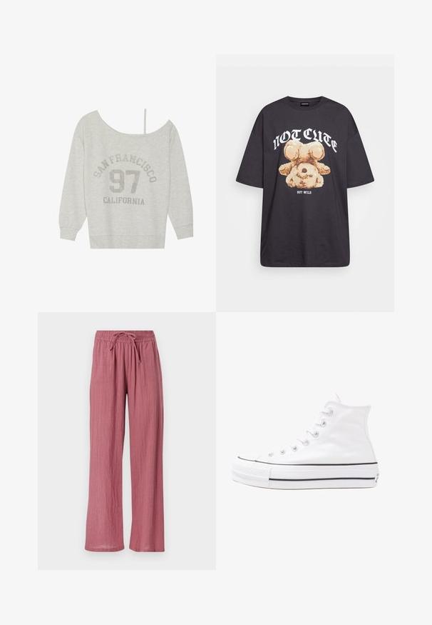 Even&Odd Sweatshirt - mottled light grey; Black oversized t-shirt featuring a graphic of a bear with the text “NOT CUTE BUT WILD” in bold, white lettering. Cotton material.; Lightweight, wide-legged pants in a soft, dusty rose color. Features an elastic waist with a drawstring for adjustability. Textured fabric.; White high-top canvas sneaker with black rubber sole, front rubber toe cap, and six eyelets for laces, featuring a clean, minimalist design.