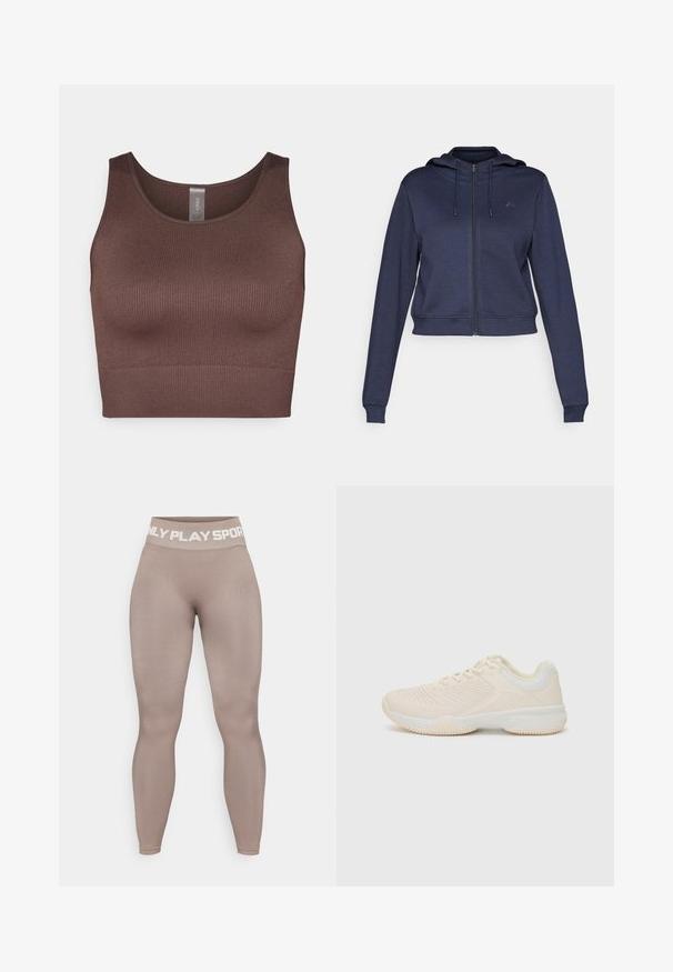 Tamsiai mėlynas trumpas zip-up gobtuvėlis su ilgomis rankovėmis, reguliuojamu raišteliu ant gobtuvo ir subtiliu logotipu krūtinėje.; Ruda raštuota trumpa palaidinė su apvaliu kaklu ir plačiomis petnešėlėmis. Pagaminta iš elastingos medžiagos, turi besiūlį dizainą ir lygų paviršių.; Aukšto liemens, smėlio spalvos leggingai, pagaminti iš tamprios medžiagos su lygiu paviršiumi; turi baltą užrašą ant juostos, kuris skelbia "ONLY PLAY SPORT."; Šviesiai smėlinės sportinės bateliai su tekstūruota viršumi, kontrastinėmis baltomis detalėmis, apvaliu pirštu ir lankščiu guminiai padu.