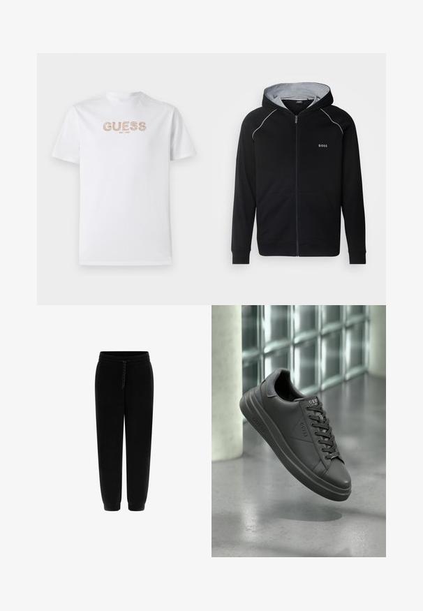 Mustmust must-hoody mustmust, mille hallide musta kapuutsiga, hall vahekapuuts. Omab kontrastõmblusi, ees olevatel taskutel ja väikest logo rinnal.; Valge puuvillane t-särk ümmarguse kaelusega ja lühikeste varrukatega. Esipinnal on tekstuuriga heledat pruuni värvi "GUESS" logo, mille all on "EST. 1981".; Mustad mustad püksid siledast kangast, elastse vöökoha, reguleeritava nööriga ja kitsenevate pahkluude jaoks. Toote omaduseks on peen logo detail.; Mustad nahkjalatsid siledat viimistlusest, ümmarguse varbaga, tekstuursete aktsentide ja paeltega kujundusega. Logo on näha keelel.