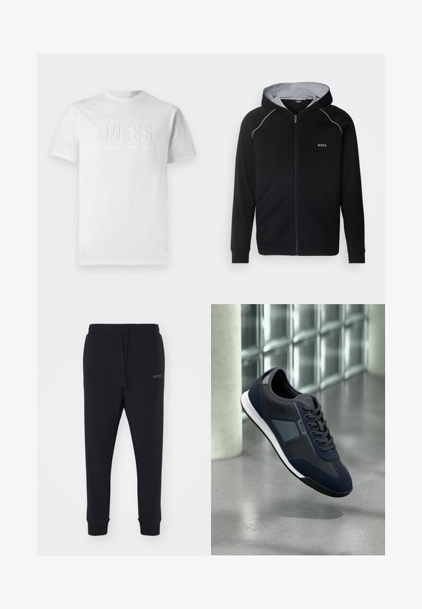 Μαύρο φούτερ με φερμουάρ και γκρίζα επένδυση στην κουκούλα. Διαθέτει αντίθετη ραφή, μπροστινές τσέπες και μικρό λογότυπο στο στήθος.; Λευκό βαμβακερό t-shirt με στρογγυλή λαιμόκοψη, που διαθέτει ένα υφασμάτινο λογότυπο στο κέντρο που αναγράφει "GUESS EST. 1981 ΚΛΑΣΙΚΟΣ ΑΜΕΡΙΚΑΝΙΚΟΣ ΣΤΥΛ."; Μαύρες φόρμες από μαλακό υλικό με ελαστική μέση, κορδόνι και κνήμες που στενεύουν. Διαθέτουν ένα μικρό λογότυπο στο πλάι.; Μπλε σκούρα αθλητικά παπούτσια με συνδυασμό υφάσματος και δέρματος, με κομψό σχέδιο, λευκή σόλα και διακριτική λεπτομέρεια λογότυπου.