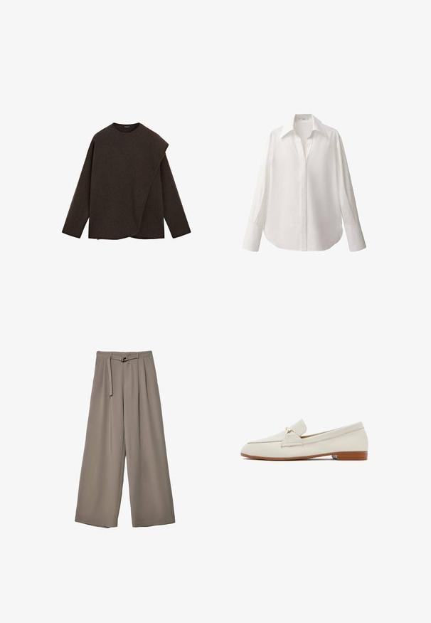 Maglione lungo marrone scuro a maniche lunghe con collo rotondo e design della parte anteriore sovrapposta asimmetrica.; Camicia bianca a maniche lunghe in tessuto morbido, con colletto classico, chiusura con bottoni e orlo leggermente curvo.; Pantaloni a gamba larga in un morbido tessuto grigio tenue, con vita con cintura e pieghe per un tocco di design aggiuntivo. Texture liscia, senza motivi.; Mocassini in pelle color crema con suola piatta marrone. Presentano un pannello frontale e un piccolo accento dorato sul lato. Texture liscia, design minimal.
