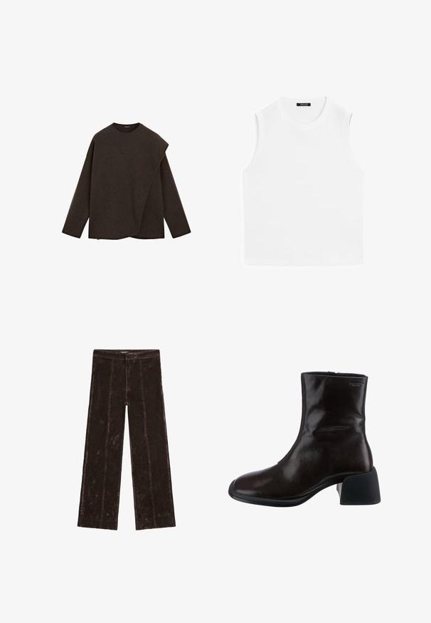 Dark brown long-sleeve sweater with a round neck and asymmetrical overlapping front panel design.; White sleeveless top made of smooth fabric; features a crew neckline and straight cut, with no additional patterns or embellishments.; Wide-leg trousers in dark brown, featuring a suede-like texture, vertical stitching details, and an elastic waistband for comfort.; Vagabond ANSIE - Classic ankle boots - braun