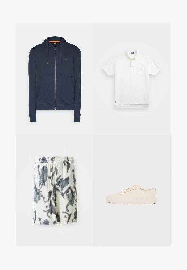 Tamsiai mėlyna zip-up džemperis, pagamintas iš minkštos medžiagos, su reguliuojama gobtuvu, tekstūruotomis siūlėmis ir mažu logotipo pleistru ant krūtinės.; Balta polo marškiniai pagaminti iš medvilnės, su klasikiniais kraštais, trijų mygtukų sprandeliu ir kairiuoju krūtinės kišeniu; mažas logotipas apačioje.; Balti šortai su juodu tamsiu raštu, turintys elastingą juosmenį ir kvėpuojančią medžiagą patogumui. Kasdienis dizainas su laisvu siluetu.; Šviesiai rudos drobės sportbačiai su apvalia nosimi, plokščiu guminiu padu ir raišteliais priekyje. Pasižymi minimalizmu ir juodu akcentu kulne.