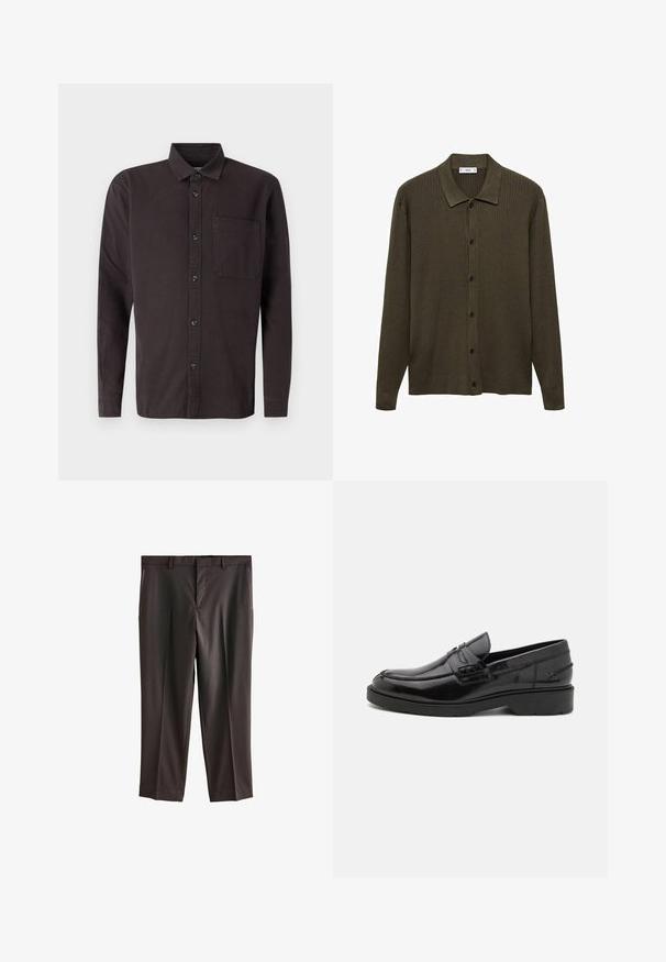 Dunkelolivgrüner Cardigan aus geripptem Strickstoff. Mit durchgehender Knopfleiste, spitzem Kragen und langen Ärmeln.; Dunkelbraunes Langarmhemd aus Baumwolle, mit einem abknöpfbaren Kragen, einer Brusttasche und schwarzen Knöpfen zum Schließen.; Dunkelbraune Anzughose mit flachem Frontdesign, zwei seitlichen Taschen, tailliertem Schnitt und glattem Stoff. Standardbund mit Gürtelschlaufen.; Schwarze Lederloafers mit glatter Oberfläche, abgerundetem Zehenbereich, niedrigem Absatz und dekorativer Naht entlang der Vorderseite. Gummisohle für guten Halt.