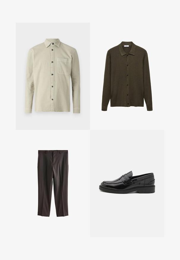 Temno olivno zelena kardigan iz rebraste pletenine. Ima zapenjanje s spr fronto, usnjeni ovratnik in dolge rokave.; Srajca z dolgimi rokavi in gumbom v svetlejši bež tkanini. Ima koničast ovratnik, žep na prsih in črne gumbe. Enostaven, teksturiran dizajn.; Temno rjave hlače z ravnim sprednjim delom, dvema stranskima žepoma, krojem po meri in gladko teksturo tkanine. Standardni pas z zankami za pas.; Črne usnjene loaferje z gladko površino, zaobljenim nosom, nizko peto in dekorativnim šivom spredaj. Guma na podplatu za boljši oprijem.