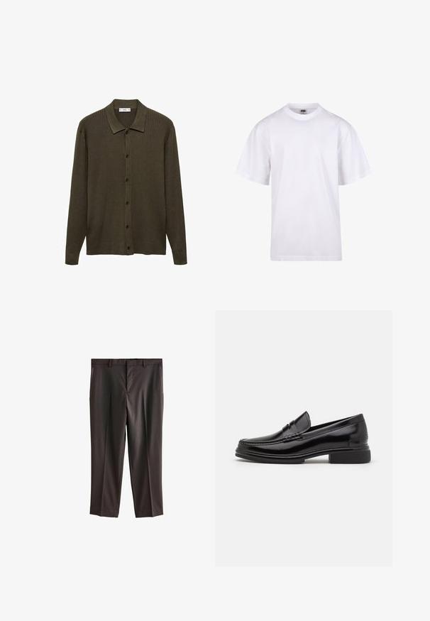 Dunkelolivgrüner Cardigan aus geripptem Strickstoff. Mit durchgehender Knopfleiste, spitzem Kragen und langen Ärmeln.; Weißes Baumwoll-T-Shirt mit Rundhalsausschnitt, kurzen Ärmeln und lockerer Passform. Hat ein schlichtes Design ohne Muster oder Akzente.; Dunkelbraune Anzughose mit flachem Frontdesign, zwei seitlichen Taschen, tailliertem Schnitt und glattem Stoff. Standardbund mit Gürtelschlaufen.; Schwarze Lederloafers mit runder Zehenform, ausgestattet mit einer genähten Detail über dem Vorderschaft und einem niedrigen Blockabsatz. Glatte Textur und glänzende Oberfläche.