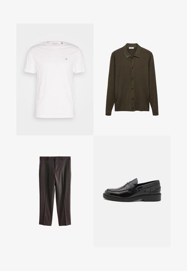 Mørk olivengrøn cardigan lavet af ribstrikket stof. Har en knaplukning foran, spids krave og lange ærmer.; Hvid bomulds T-shirt med rund udskæring, korte ærmer og et lille broderet logo på brystet. Blød tekstur, enkelt design.; Mørkebrune dressbukser med flad front, to sidelommer, skræddersyet pasform og glat stofstruktur. Standard talje med bælteholdere.; Sorte læder loafers med en glat finish, rund tå, lav hæl og dekorativ syning langs forsiden. Gummisål for godt greb.