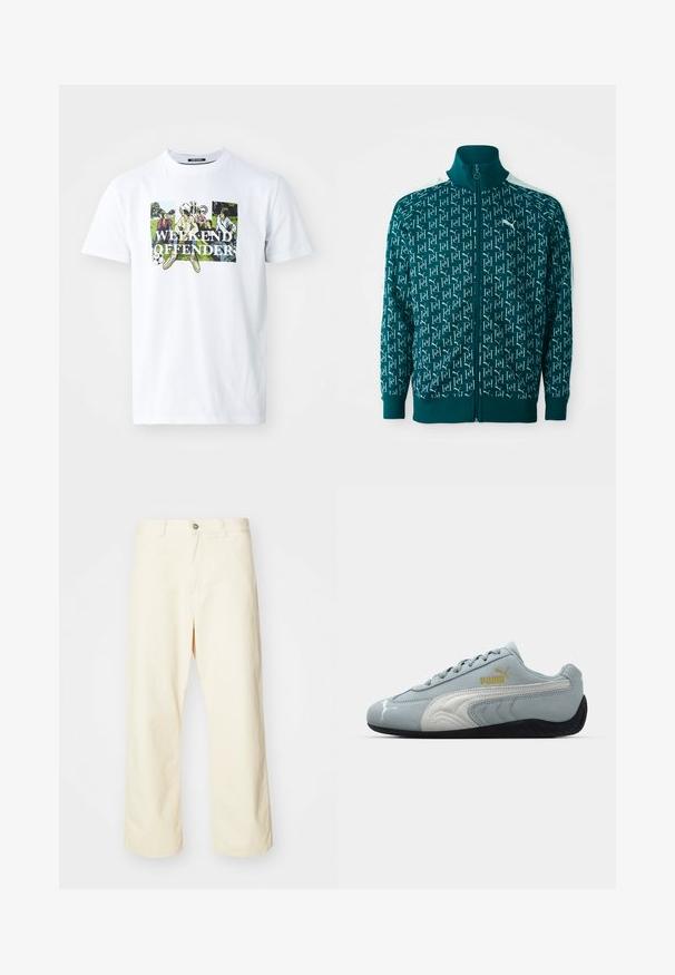 Mėlynas zip-up švarkelis su kartojančiu logotipo raštu, raukiniais ant apykaklės ir rankogalių bei baltais akcentais pečių srityje.; Balta medvilninė marškinėliai su spalvinga grafika, vaizduojančia figūras parke, ir fraze "WEEKEND OFFENDER" didelėmis juodomis raidėmis.; Kreminės spalvos plačios kojinės kelnės, pagamintos iš medvilnės, su mygtuko užsegimu, diržo kilpos ir siūtu hemu. Lygus paviršius, be matomų raštų.; Šviesiai mėlynos suknelės sportbačiai su baltais akcentais, tekstūruotu šoniniu dizainu, juodu guminio pado ir auksiniu logotipu. Sukurti kasdieniam nešiojimui.