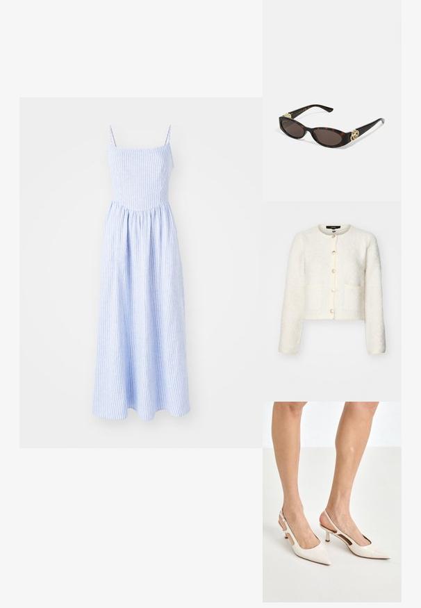 Witte textuur gebreide cropped cardigan met ronde hals, sluiting met vijf knopen, twee voorzakken en licht gepofte mouwen.; Blauwe gestreepte maxi-jurk met dunne bandjes, geplooide taille en een vloeiende rok. Gemaakt van lichtgewicht stof met een soepele textuur.; Beige gepatineerde leren slingback hakken met een spitze neus en een hak van 5 cm, met uitsparingen aan de zijkanten en een dunne enkelband.; Schildpadbril met langwerpige ovale lenzen, bruine tint, gouden logo-accenten op de pootjes en slanke zwarte armen.; Beige handtas met een patroon en een gebogen vorm, leren accenten en een goudkleurig logo aan de voorkant. Beschikt over een kort handvat voor gemakkelijk dragen.