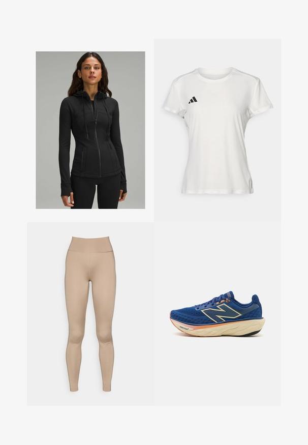 lululemon DEFINE HOODED NULU™ - Sweatjakke - black; Hvid atletisk T-shirt lavet af stof, der fugttransporterer. Korte ærmer, rund hals, med sort logo og tre-stribet emblem på venstre bryst.; Lys beige leggings med høj talje, lavet af glat, strækbart materiale, uden synlige sømme eller mønstre.; Blå løbesko med en åndbar mesh-overdel, polstret krave og en dæmpet sål med orange detaljer. "Fresh Foam" branding synlig.