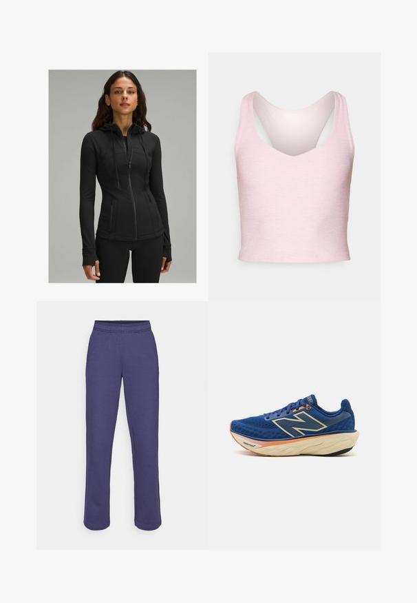 lululemon DEFINE HOODED NULU™ - Sweatjakke - black; Lys pink, ærmeløs cropped tanktop lavet af blødt materiale, med V-udskæring og racerback-design samt en glat tekstur.; Lilla sweatpants med elastisk talje, lige ben og et blødt blandingsstof af bomuld. Ingen synlige mønstre eller hardware detaljer.; Blå løbesko med en åndbar mesh-overdel, polstret krave og en dæmpet sål med orange detaljer. "Fresh Foam" branding synlig.