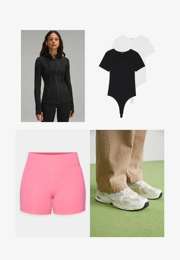 lululemon DEFINE HOODED NULU™ - Mikina so zipsom - black; Čierno-biele body s krátkymi rukávmi, okrúhlymi výstrihmi a stringovými spodkami, vyrobené z hladkej, elastickej látky.; Ružové športové šortky s hladkým povrchom, vysokým pásom a plochými švami, navrhnuté pre pohodlie a flexibilitu počas fyzickej aktivity.; Béžové sieťované a syntetické tenisky s bielou podrážkou, s šnurovaním a sivým logom, na zelenej pozadí.