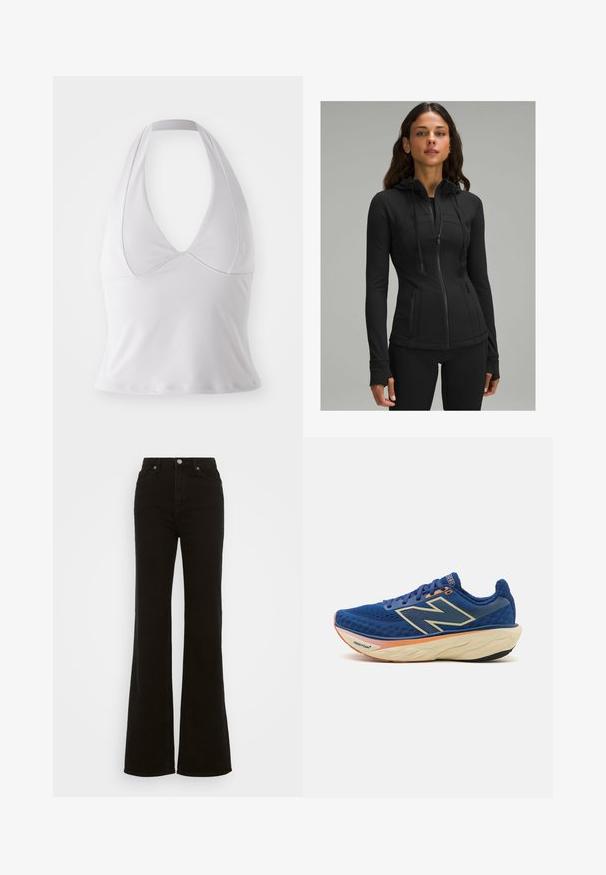 lululemon - Bluza rozpinana; Biały top na ramiączkach wykonany z gładkiego materiału, z głębokim dekoltem w kształcie litery V i dopasowanym krojem, bez dodatkowych wzorów czy elementów ozdobnych.; Czarne dżinsy z wysokim stanem i rozszerzanymi nogawkami, wykonane z denimu, z zapięciem na guzik, bocznymi kieszeniami oraz gładką fakturą.; Niebieski but biegowy z oddychającą siateczkową cholewką, wyściełanym kołnierzem i amortyzowaną podeszwą z pomarańczowym akcentem. Widoczne logo "Fresh Foam".