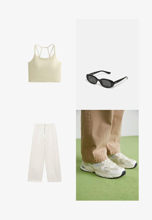 lululemon DEFINE HOODED NULU™ - Tröja med dragkedja - black; Ljusbeige kort topp med en mjuk yta, med ett korsat baksidesdesign på banden och inga synliga beslag eller accenter.; Vida byxor i off-white bomullstyg. Har en framzipper och två sidofickor. Slät textur och avslappnad passform.; Beige nät- och syntetiska sneakers med en vit sula, med snörning och en grå logodetalj, mot en grön bakgrund.; Svarta solglasögon med ovala linser, glansigt plastbåge och smala armar. Har Ray-Ban-logotypen i vitt på sidan.