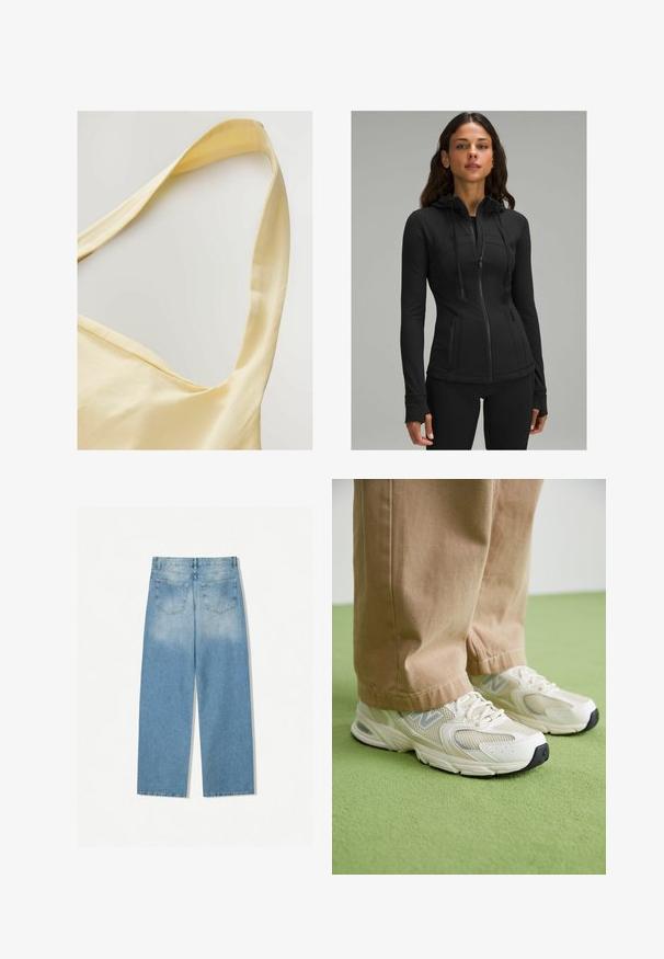 lululemon DEFINE HOODED NULU™ - Športna jopa s kapuco na zadrgo - black; Rumena bombažna majica z širokimi naramnicami, ki se ponaša z mehkobo materiala in sproščenim krojem. Ovratnik ima nežen izrez v obliki sklede.; Svetlo modri traper hlače s ravnim krojem, ki imajo dve zadnji žep in zbledele teksture v zgornjih delih.; Beige mrežaste in sintetične športne copate z belo podlago, ki imajo vezalke in sivo logotipno podrobnost, na zeleni podlagi.