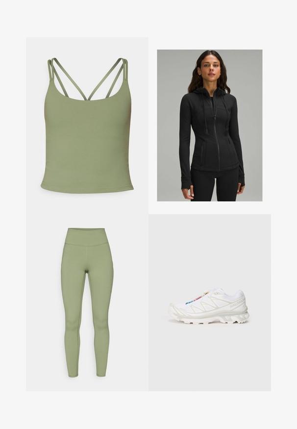 lululemon - Bluza rozpinana; Oliwkowy top na ramiączkach o dopasowanym kroju, z cienkimi regulowanymi ramiączkami i gładką, elastyczną fakturą. Minimalistyczny styl bez wzorów.; Legginsy w kolorze oliwkowym z wysoka talią. Wykonane z elastycznego materiału o gładkiej fakturze, z przeszyciami wzdłuż nóg.; Białe buty sportowe z teksturowaną siateczką, odblaskowymi akcentami i wyprofilowaną podeszwą. Zauważalne logo marki z boku.