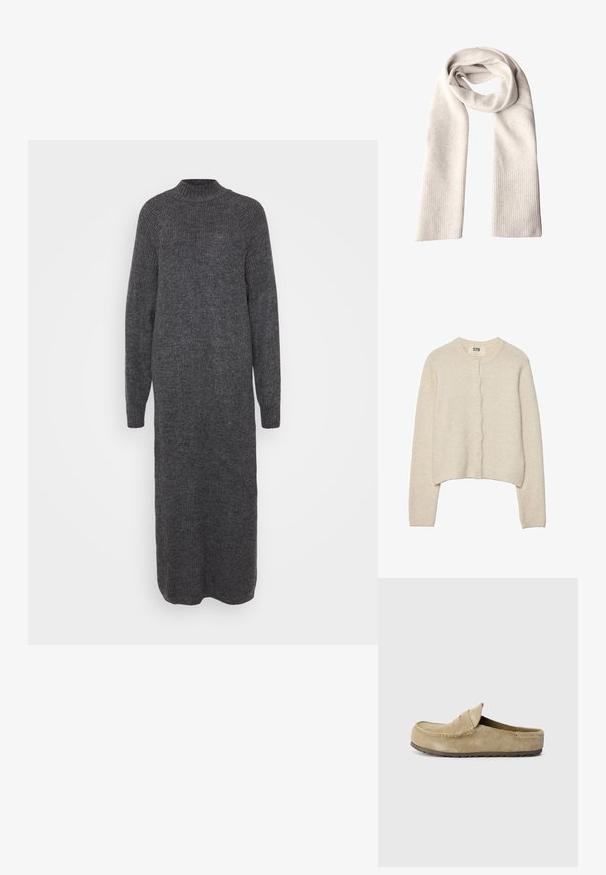 Ljusbeige cardigan i mjukt tyg med rund halsringning, långa ärmar och knappslå framtill med sju knappar.; Lång, mörkgrå stickad klänning med hög krage och lång ärmar; har ett strukturerat, ribbat mönster. Designen är figurnära och golvlång.; Grå långärmad tröja med vid halsringning, tillverkad i mjukt tyg. Har en enkel, rak passform utan ytterligare dekorationer.; Birkenstock NAPLES WRAPPED LEVE TAUPEN - REGULAR - Platt slip-in - taupe; Ljusgrå scarf gjord av mjukt tyg med en slät yta, med ribbade detaljer i båda ändar. Lång och rektangulär form.