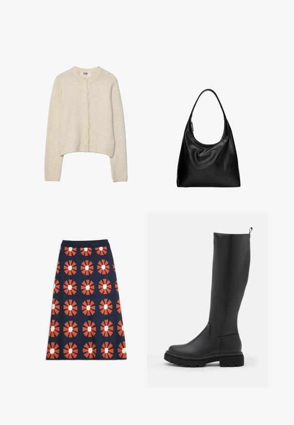 Světle béžový svetr z měkké tkaniny s kulatým výstřihem, dlouhými rukávy a zapínáním na sedm knoflíků v přední části.; Bílý krátký rukáv tričko vyrobené z hladkého materiálu, s kulatým výstřihem a jemnými švy na lemu.; Námořnická modrá áčková sukně s opakujícími se oranžovými geometrickými květinovými motivy s bílými středy a pevným pasem.; Černé vysoké boty s hladkým matným materiálem a robustní podrážkou, kulatou špičkou a poutkem na vrchu pro snadné obouvání.; Černá kožená hobo taška s křivkovým, měkkým tvarem a jedním ramenním popruhem. Má zipové uzavírání a hladký, lesklý povrch.