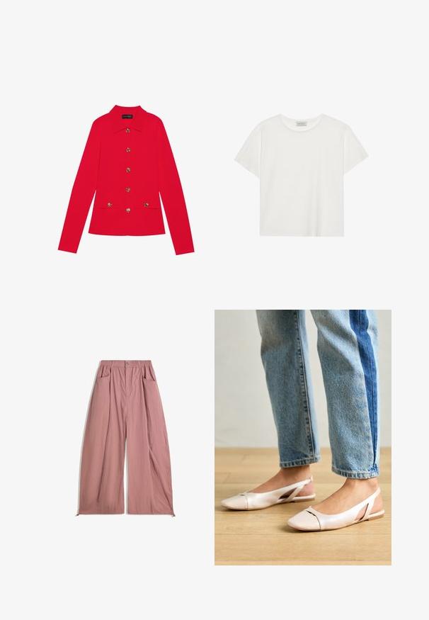 Červená bunda s dlhým rukávom, so šiestimi zlatými dekoratívnymi gombíkmi a dvoma prednými vreckami na klapku, s širokým golierom a označená značkou Anna Field.; Biele tričko s krátkymi rukávmi vyrobené z jemnej bavlny. Má okrúhly výstrih a voľný strih. Čistý dizajn bez viditeľných vzorov alebo akcentov.; Voľné, vysoko strihané nohavice z jemného ružovo-ružového materiálu. Obsahujú elastický pás, dve bočné vrecká a hladký, textúrovaný povrch.; Svetloružové slingback baleríny s jemne špicatou špičkou, vyrobené z hladkého materiálu pripomínajúceho kožu. Majú výrezové detaily na stranách a plochý opätok.