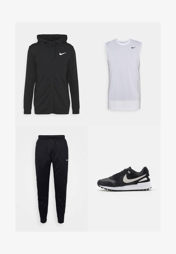 Felpa nera con zip realizzata in morbido tessuto, con tasca frontale, cappuccio regolabile con cordino e logo Nike bianco sul petto.; Maglietta atletica bianca senza maniche realizzata in materiale leggero. Caratterizzata da un collo rotondo e un piccolo logo Nike nero sul lato superiore sinistro.; Pantaloni sportivi neri Nike con vita elasticizzata, gambe affusolate e un sottile accento del logo. Realizzati in tessuto liscio con un design semplice.; Sneakers Nike con una toma in suede nero, dettagli grigi, particolari bianchi e una suola in gomma testurizzata. Presentano un design con lacci.