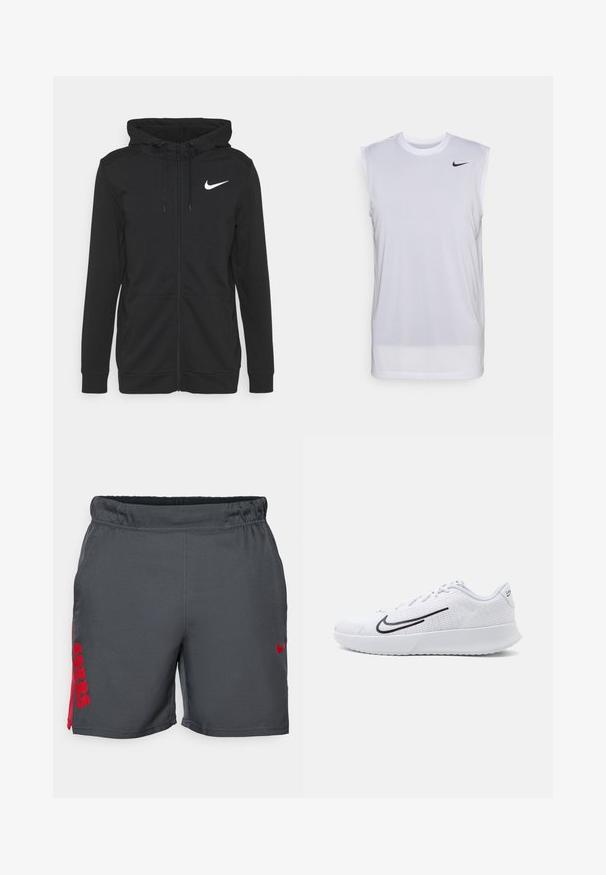 Sudadera con cremallera negra hecha de tejido suave, que cuenta con un bolsillo frontal, capucha ajustable con cordón y un logo de Nike en blanco en el pecho.; Camiseta atlética sin mangas blanca hecha de material ligero. Presenta un cuello redondo y un pequeño logo negro de Nike en la parte superior izquierda.; Pantalones cortos deportivos grises con una cinturilla elástica, que presentan el texto rojo "49ERS" en el lateral y un logotipo rojo de Nike en la parte delantera. Textura suave.; Zapatillas deportivas blancas con parte superior de malla y detalles texturizados, que presentan un logo Swoosh negro en el lateral y una suela blanca acolchada.