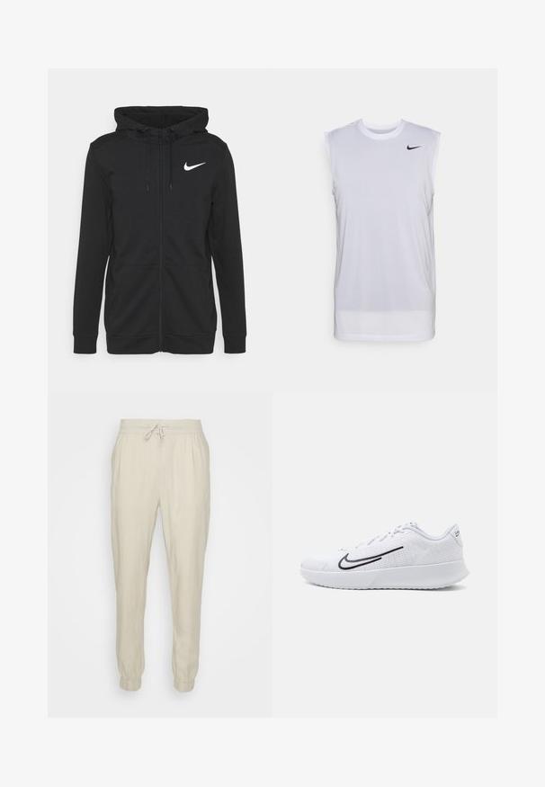 Schwarze zip-up Kapuzenjacke aus weichem Stoff, mit einer Fronttasche, verstellbarem Kordelzug an der Kapuze und einem weißen Nike-Logo auf der Brust.; Weißes ärmelloses Sportshirt aus leichtem Material. Verfügt über einen runden Ausschnitt und ein kleines schwarzes Nike-Logo oben links.; Beige Leinen-Jogginghosen mit elastischem Bund und verstellbarem Kordelzug, mit elastischen Bündchen und lockerer Passform. Glatte Textur.; Weiße Sportschuhe mit einem Obermaterial aus Mesh und strukturierten Details, versehen mit einem schwarzen Swoosh-Logo an der Seite und einer gepolsterten weißen Sohle.