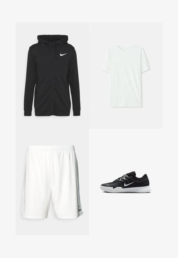 Zwarte rits hoodie van zachte stof, met een voorvak, verstelbare trekkoordkap en een wit Nike-logo op de borst.; Licht mintgroen T-shirt met korte mouwen, gemaakt van zachte stof. Het heeft een ronde halslijn en een simpele, rechte snit zonder versieringen.; Witte sportshorts met een elastische tailleband, voorzien van een gladde textuur en een klein zwart logo nabij de zoom.; Zwarte sportieve schoen met een gestructureerde bovenkant, witte Nike swoosh en een witte rubberen zool. Beschikt over een veterontwerp en een dynamische vorm.