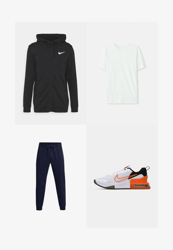 Zwarte rits hoodie van zachte stof, met een voorvak, verstelbare trekkoordkap en een wit Nike-logo op de borst.; Licht mintgroen T-shirt met korte mouwen, gemaakt van zachte stof. Het heeft een ronde halslijn en een simpele, rechte snit zonder versieringen.; Marine joggerbroek gemaakt van zachte stof, met een elastische tailleband met trekkoord en ribbelboorden aan de enkel.; Witte sportieve schoen met een gestructureerde mesh bovenkant, zwarte en oranje accenten, een dikke rubberen zool en een doorzichtige luchtkussensectie bij de hak.